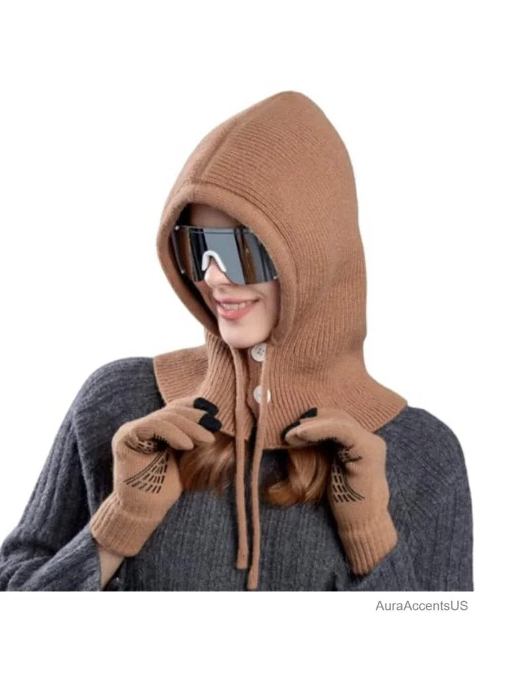 Winter Knit Balaclava & Gloves Set with Buttoned Mouth Cover